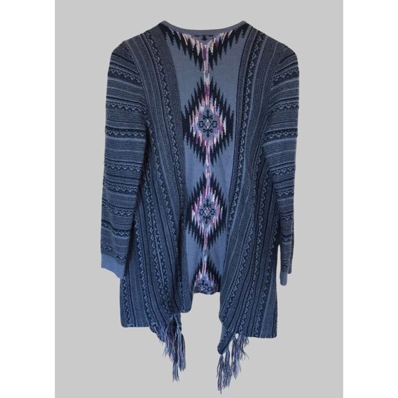 Great Northwest Indigo Cardigan Sweater Women's S Aztec Fringe Southwestern Boho - Picture 2 of 7